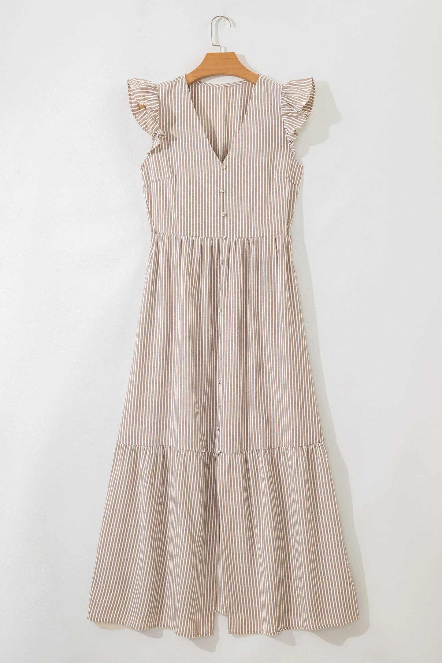 Khaki Stripe Flutter Sleeve Buttoned Front Slit Maxi Dress - MarkoFit