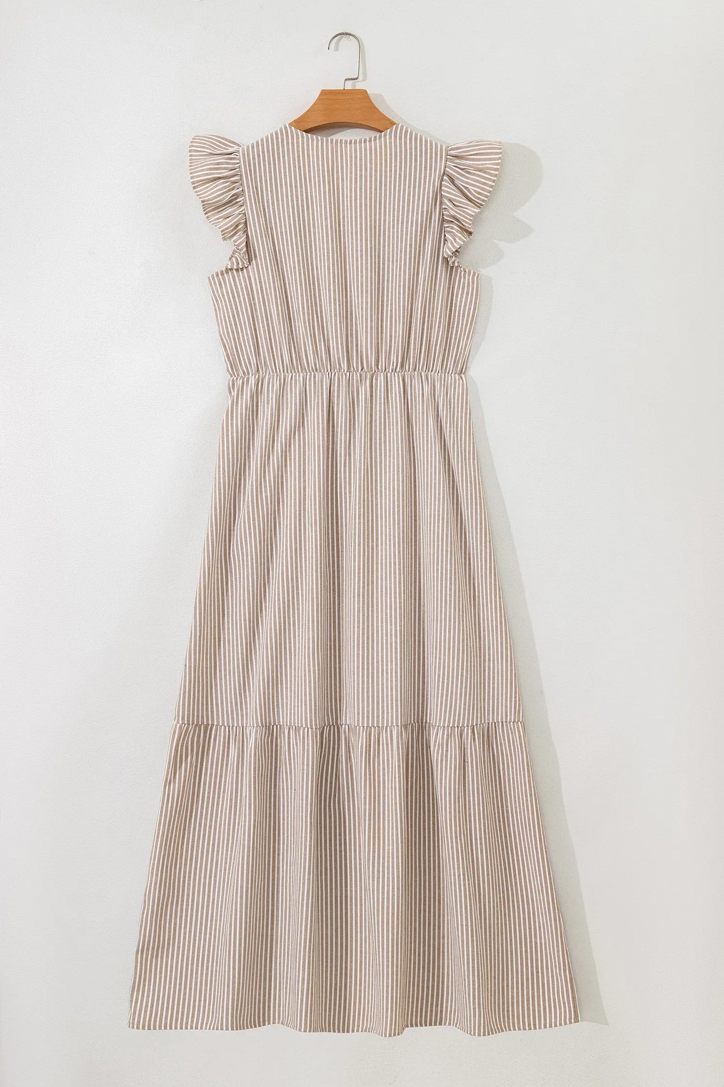 Khaki Stripe Flutter Sleeve Buttoned Front Slit Maxi Dress - MarkoFit