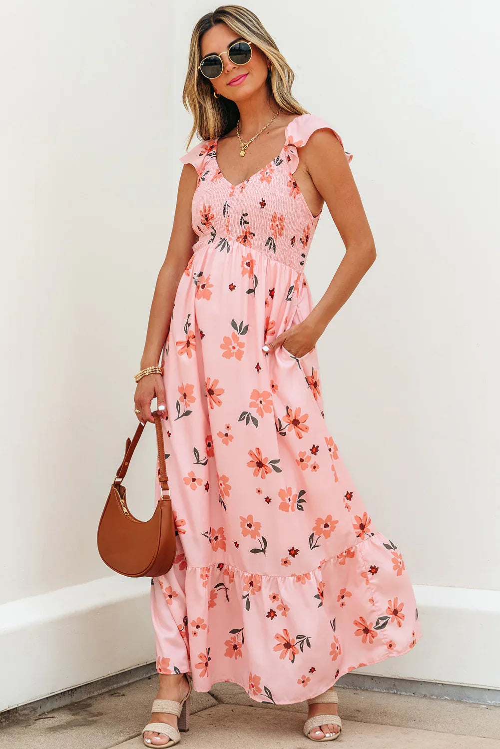 Pink Floral V Neck Smocked High Waist Ruffle Hem Long Dress - MarkoFit
