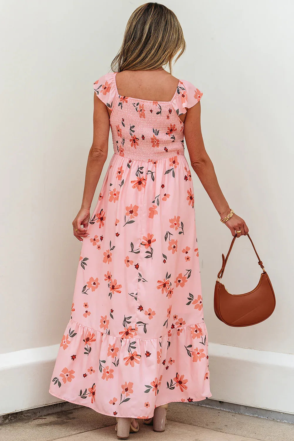 Pink Floral V Neck Smocked High Waist Ruffle Hem Long Dress - MarkoFit