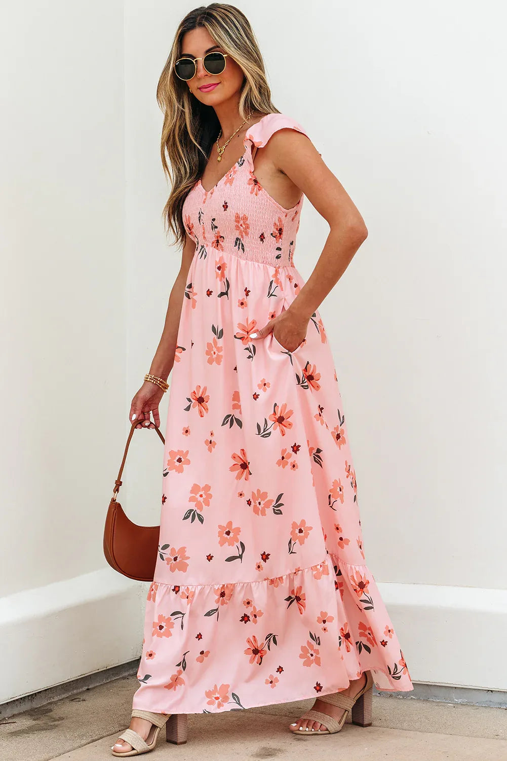 Pink Floral V Neck Smocked High Waist Ruffle Hem Long Dress - MarkoFit