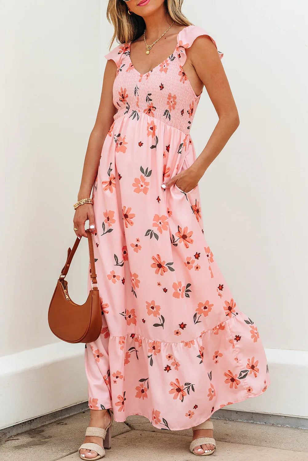 Pink Floral V Neck Smocked High Waist Ruffle Hem Long Dress - MarkoFit