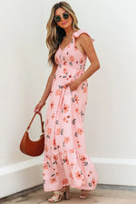 Pink Floral V Neck Smocked High Waist Ruffle Hem Long Dress - MarkoFit