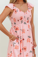 Pink Floral V Neck Smocked High Waist Ruffle Hem Long Dress - MarkoFit