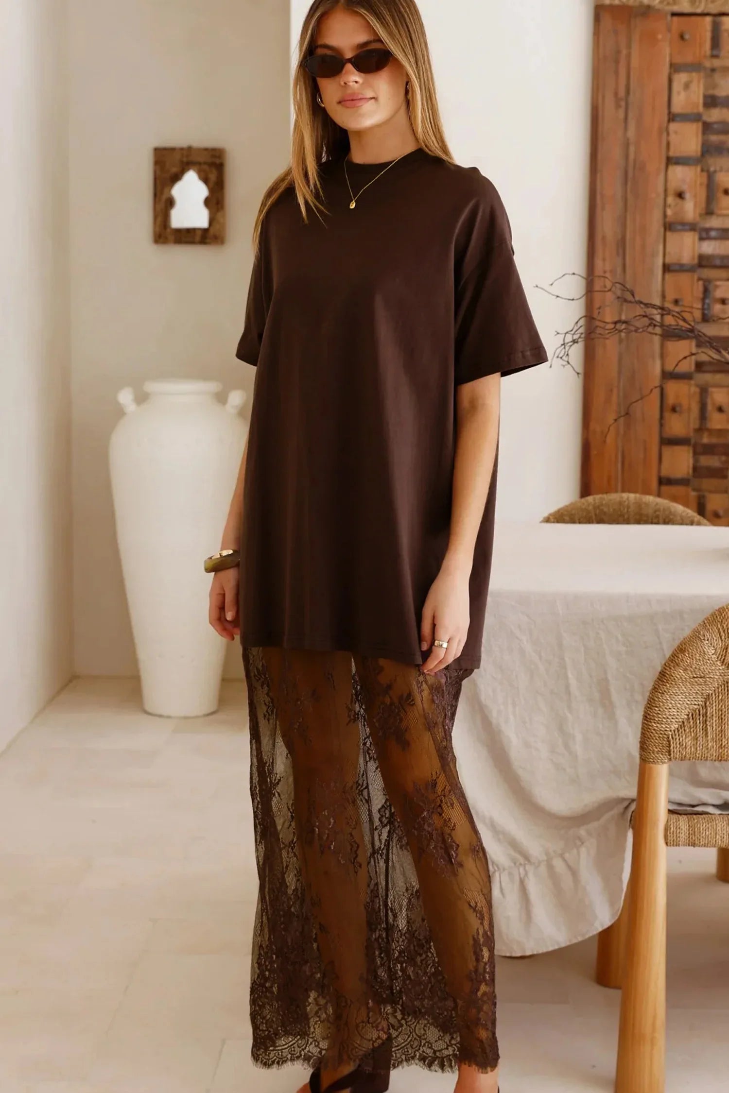 Red Sandalwood Floral Patchwork Short Sleeve T Shirt Loose Maxi Dress - MarkoFit