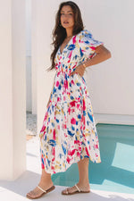Rose Abstract Print Short Puff Sleeve Tiered Maxi Dress - MarkoFit
