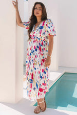 Rose Abstract Print Short Puff Sleeve Tiered Maxi Dress - MarkoFit