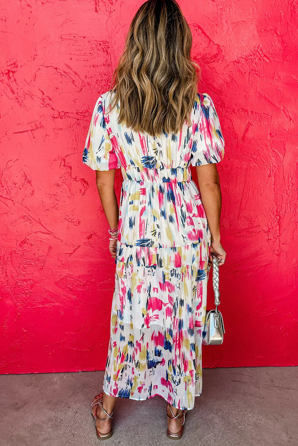 Rose Abstract Print Short Puff Sleeve Tiered Maxi Dress - MarkoFit