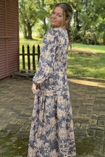 Sky Blue Floral Print Smocked High Waist Long Sleeve Maxi Dress - MarkoFit