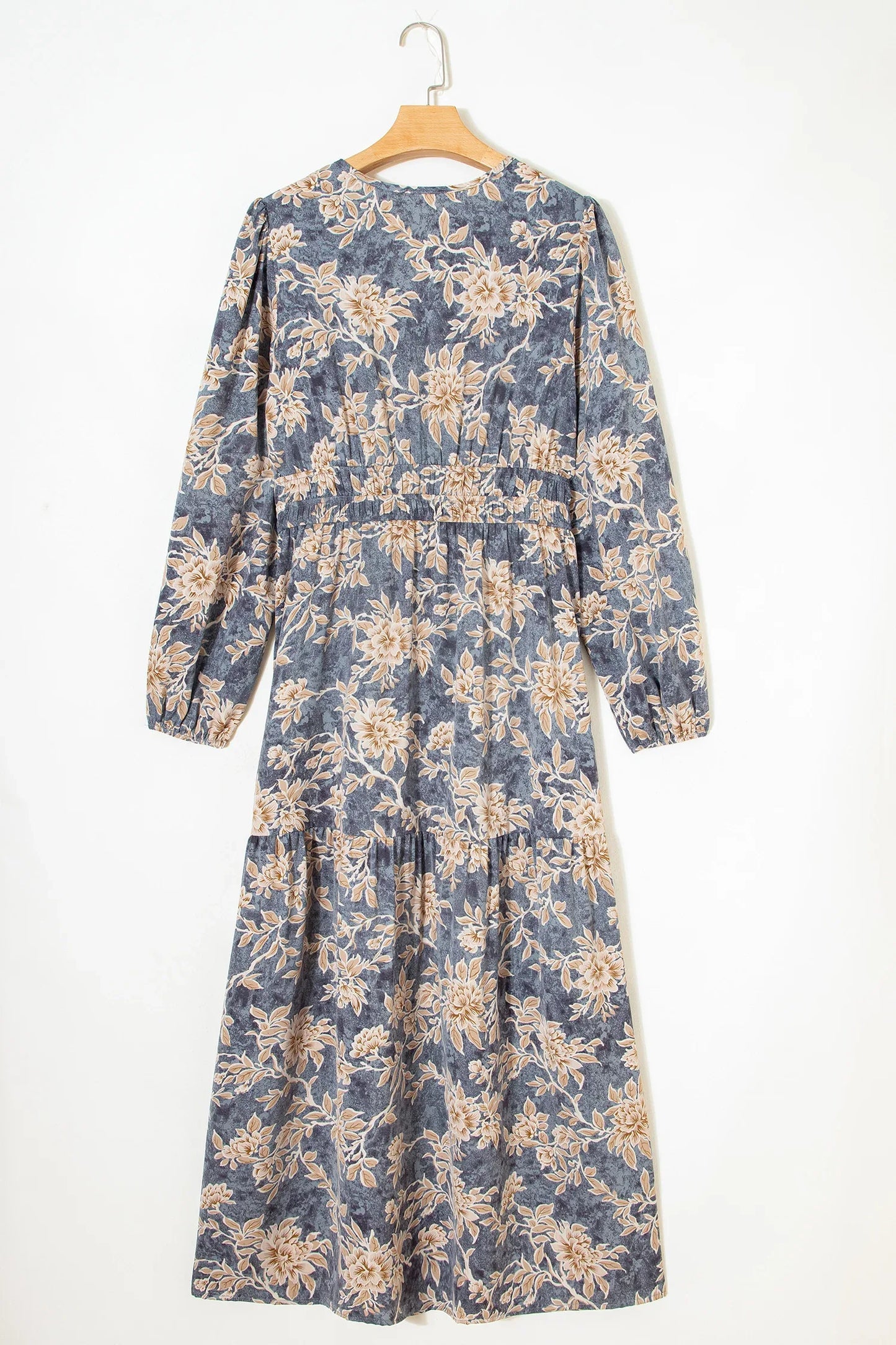 Sky Blue Floral Print Smocked High Waist Long Sleeve Maxi Dress - MarkoFit