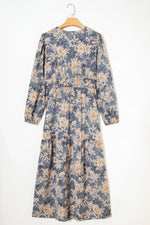 Sky Blue Floral Print Smocked High Waist Long Sleeve Maxi Dress - MarkoFit
