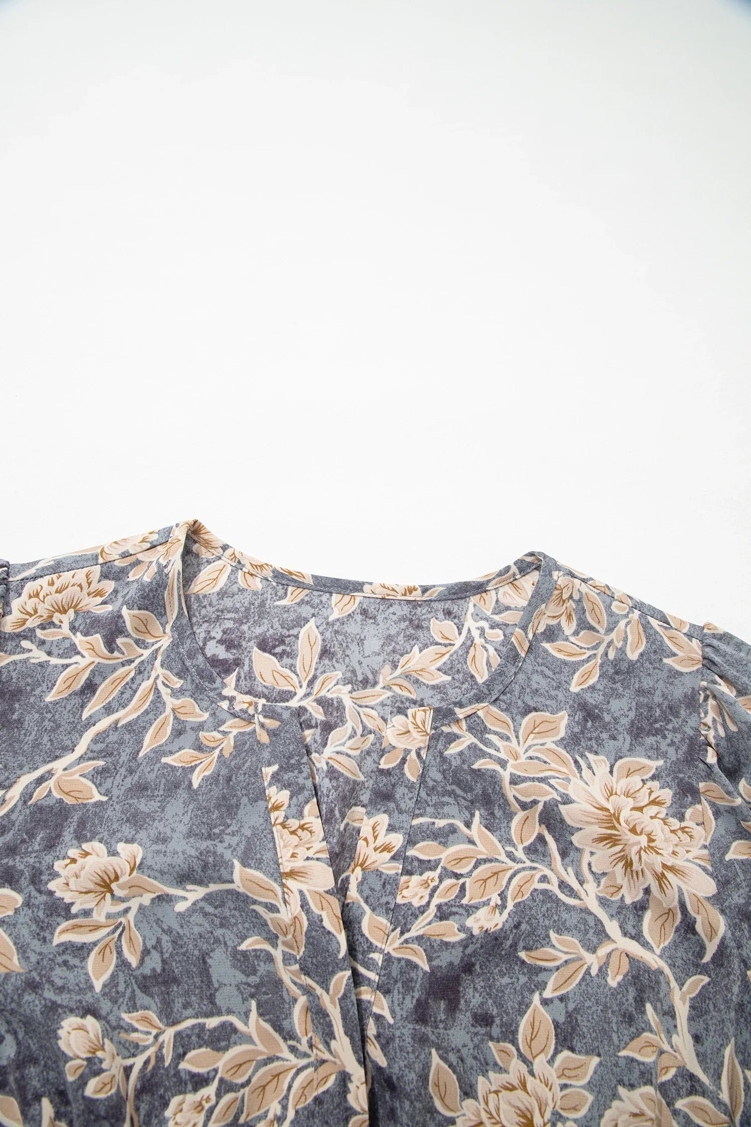 Sky Blue Floral Print Smocked High Waist Long Sleeve Maxi Dress - MarkoFit