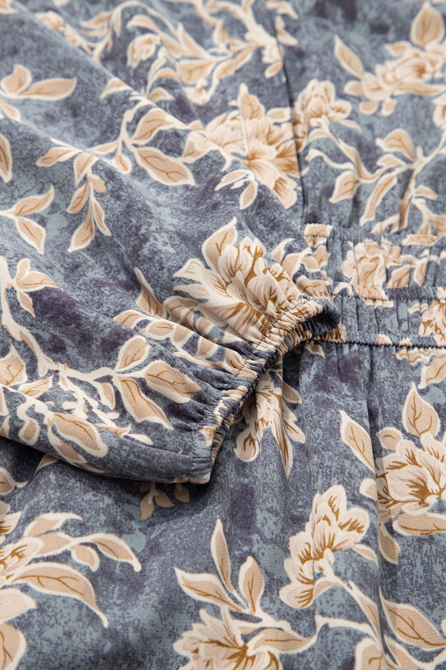 Sky Blue Floral Print Smocked High Waist Long Sleeve Maxi Dress - MarkoFit