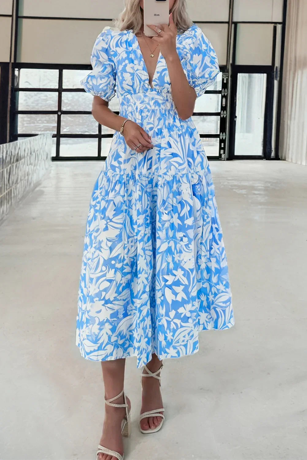Sky Blue Floral V Neck Puff Short Sleeve Flowy Long Dress - MarkoFit