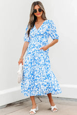 Sky Blue Floral V Neck Puff Short Sleeve Flowy Long Dress - MarkoFit