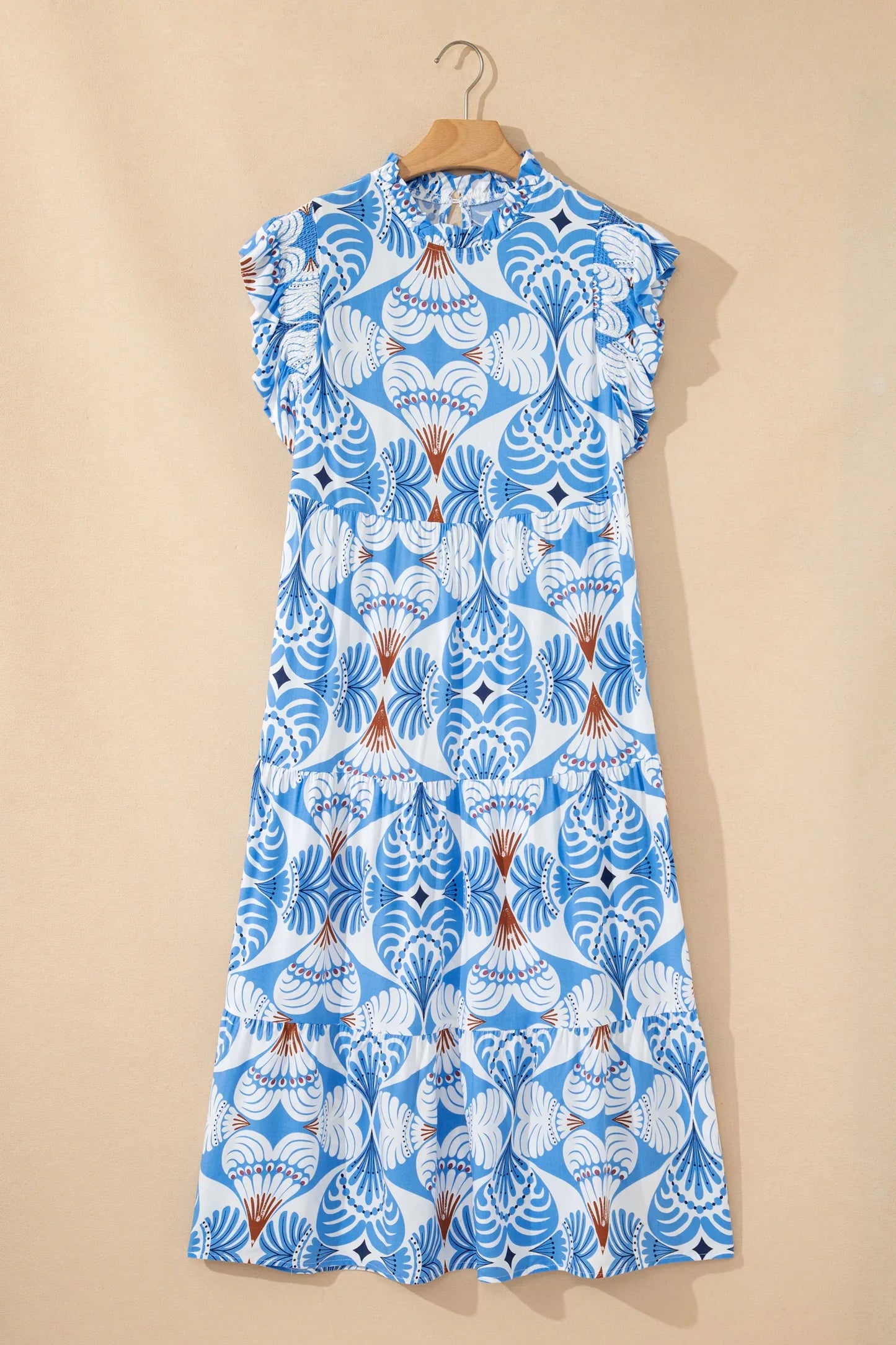 Sky Blue Tropical Botanic Print Flutter Sleeve Vacation Long Dress - MarkoFit