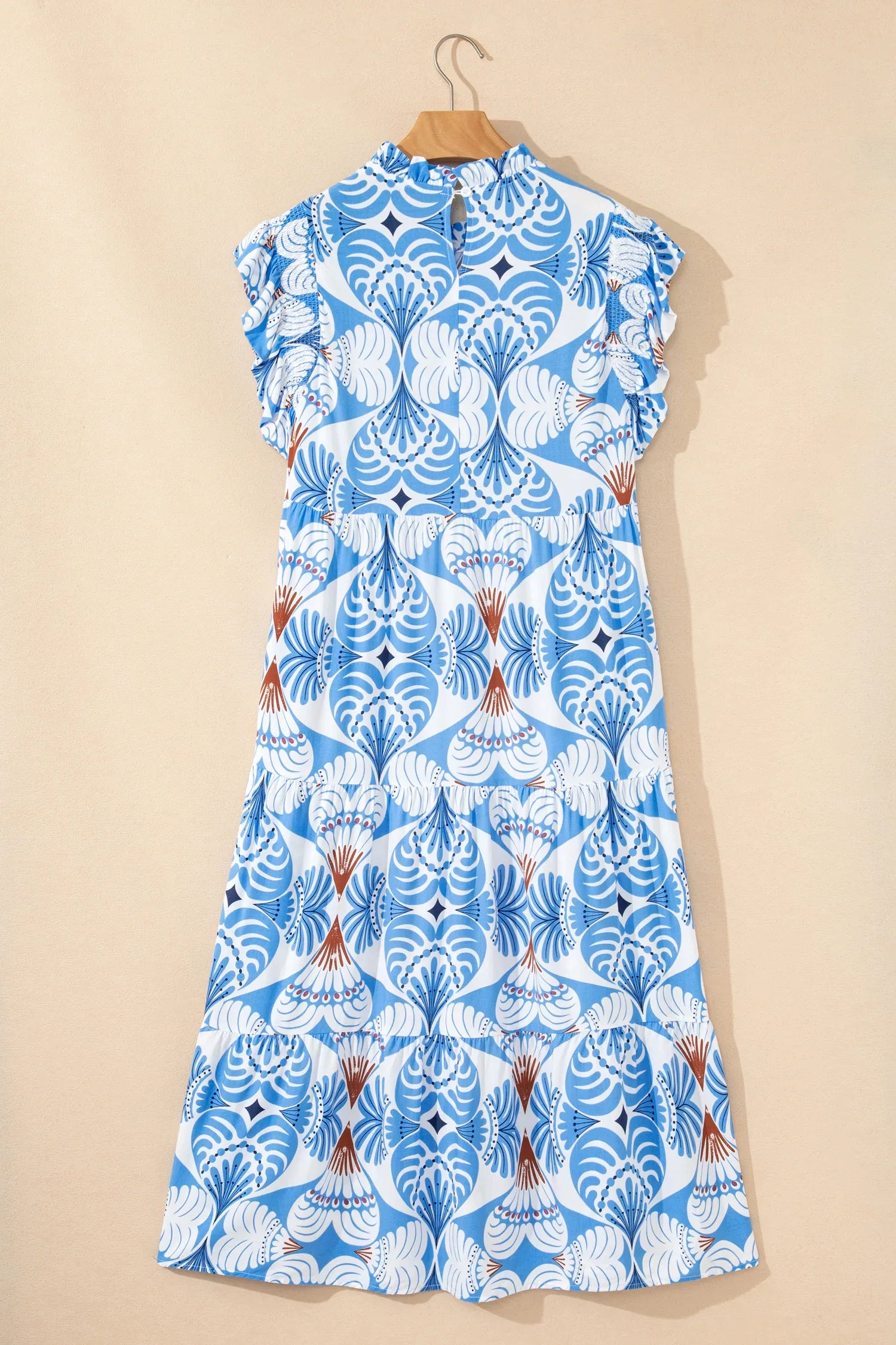 Sky Blue Tropical Botanic Print Flutter Sleeve Vacation Long Dress - MarkoFit