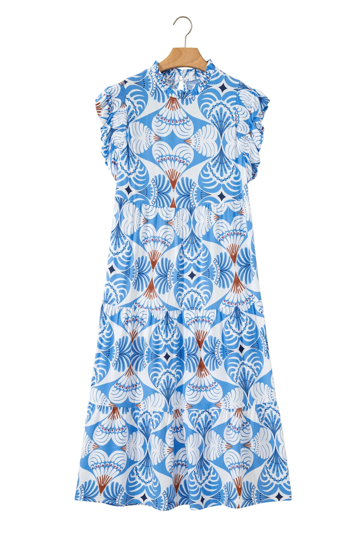 Sky Blue Tropical Botanic Print Flutter Sleeve Vacation Long Dress - MarkoFit