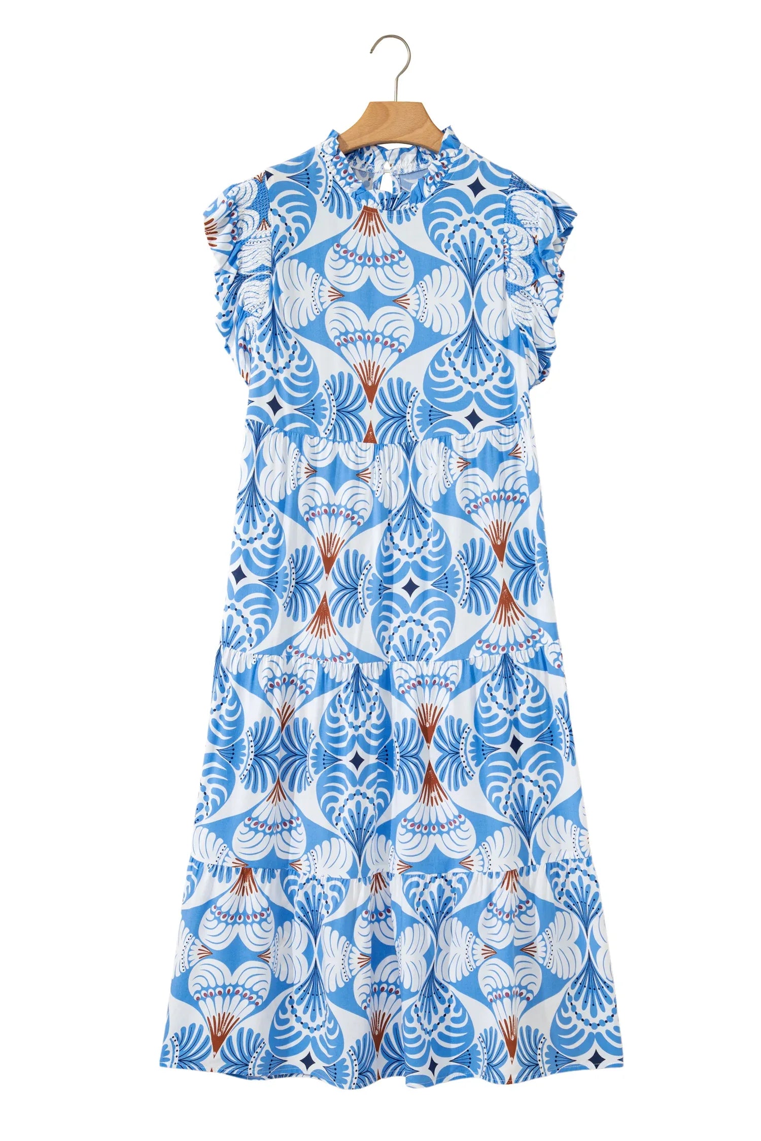 Sky Blue Tropical Botanic Print Flutter Sleeve Vacation Long Dress - MarkoFit