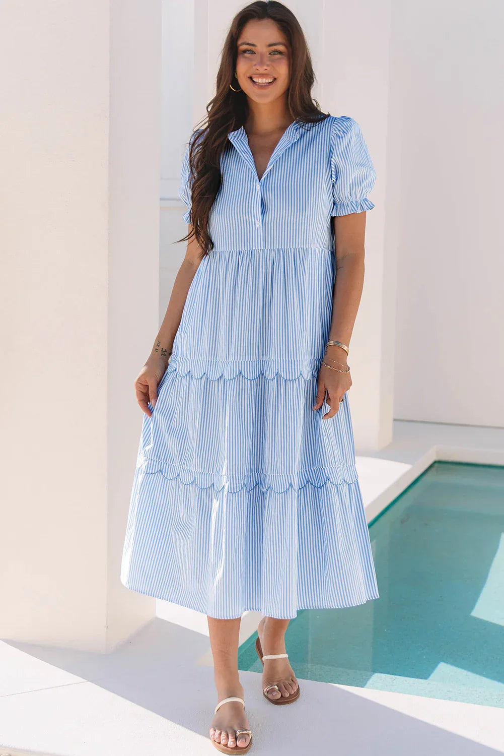 Sky Blue Stripe Bubble Short Sleeve Tiered Scallop Long Dress - MarkoFit