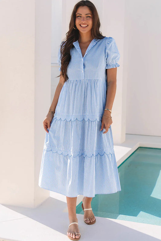 Sky Blue Stripe Bubble Short Sleeve Tiered Scallop Long Dress - MarkoFit