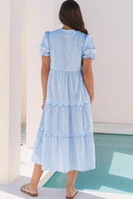 Sky Blue Stripe Bubble Short Sleeve Tiered Scallop Long Dress - MarkoFit