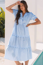 Sky Blue Stripe Bubble Short Sleeve Tiered Scallop Long Dress - MarkoFit