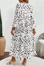 White Leopard Print Notch V Neck Loose Fit Maxi Dress - MarkoFit