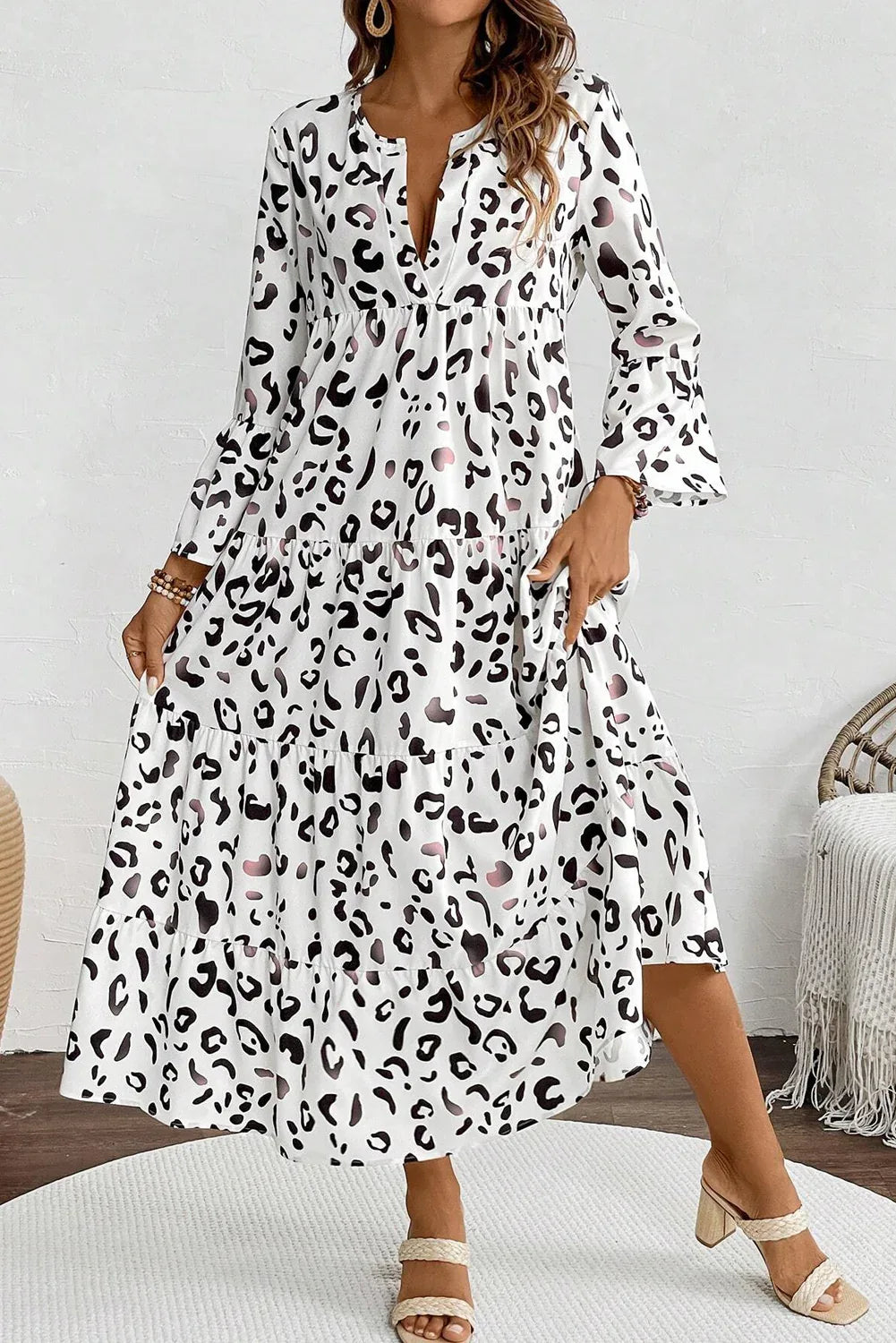 White Leopard Print Notch V Neck Loose Fit Maxi Dress - MarkoFit