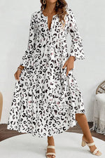 White Leopard Print Notch V Neck Loose Fit Maxi Dress - MarkoFit