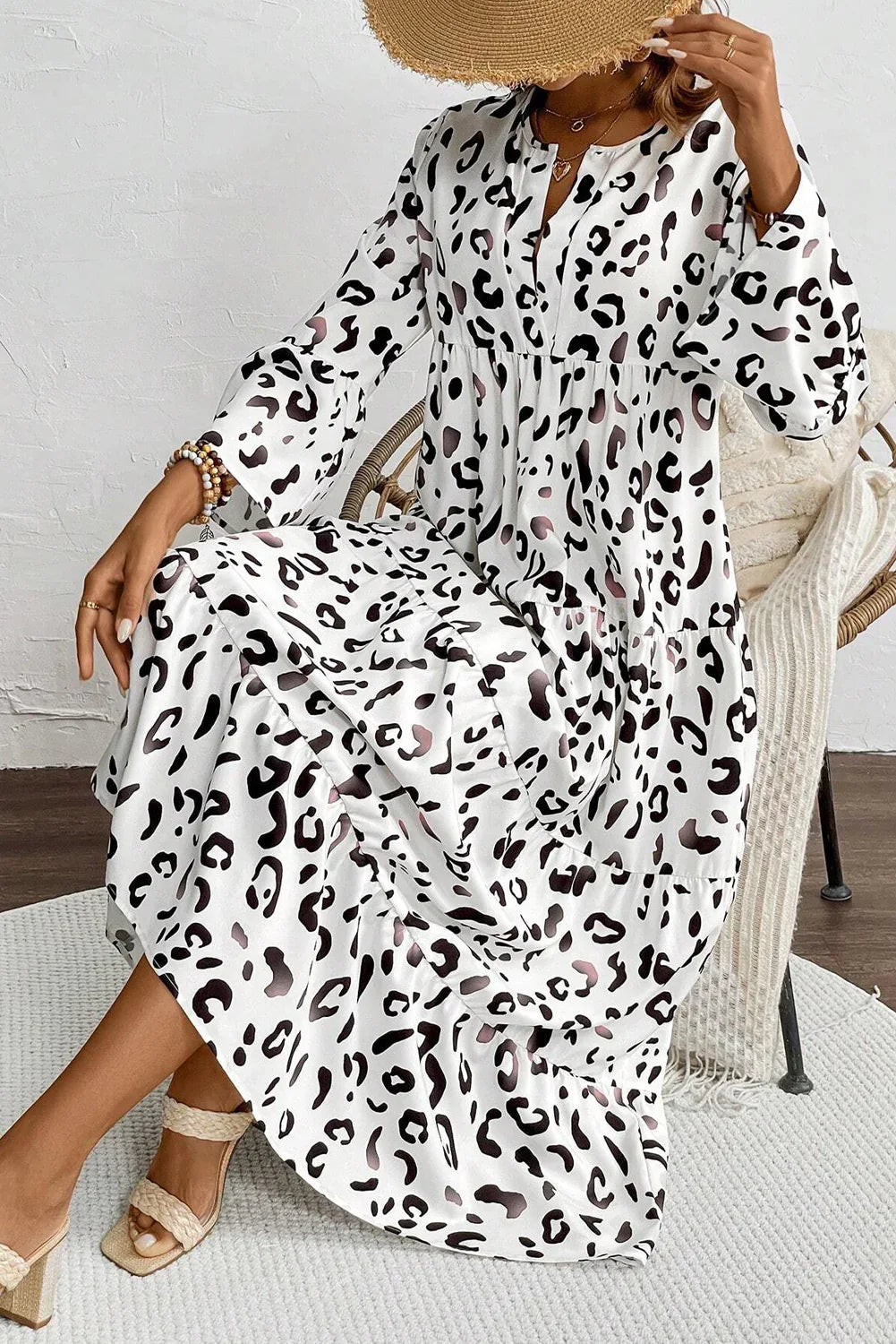 White Leopard Print Notch V Neck Loose Fit Maxi Dress - MarkoFit