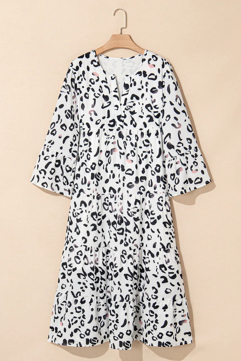 White Leopard Print Notch V Neck Loose Fit Maxi Dress - MarkoFit