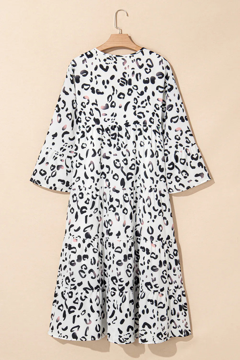 White Leopard Print Notch V Neck Loose Fit Maxi Dress - MarkoFit