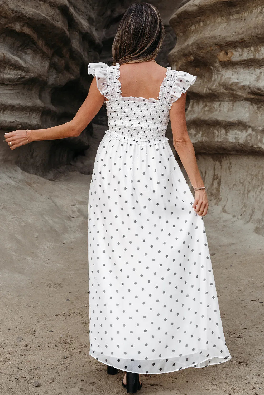 White Polka Dot Flutter Sleeve Square Neck Smocked Maxi Dress - MarkoFit