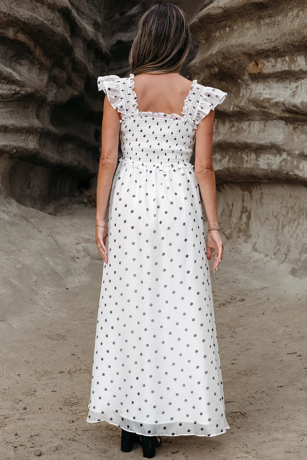 White Polka Dot Flutter Sleeve Square Neck Smocked Maxi Dress - MarkoFit