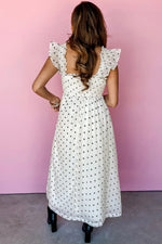 White Polka Dot Flutter Sleeve Square Neck Smocked Maxi Dress - MarkoFit