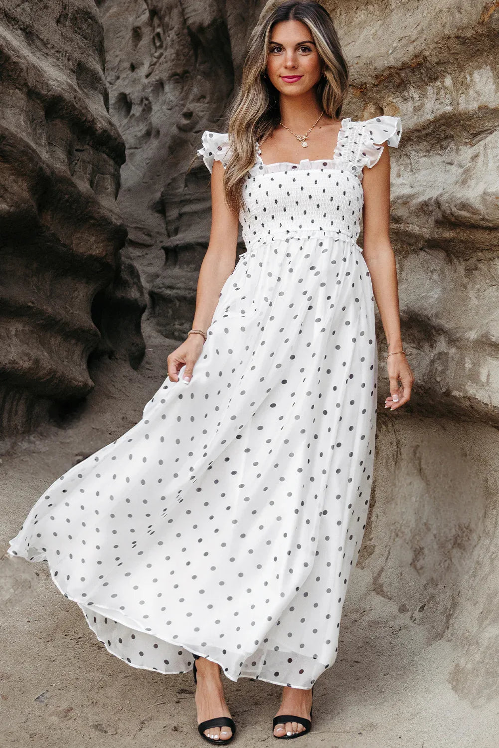 White Polka Dot Flutter Sleeve Square Neck Smocked Maxi Dress - MarkoFit