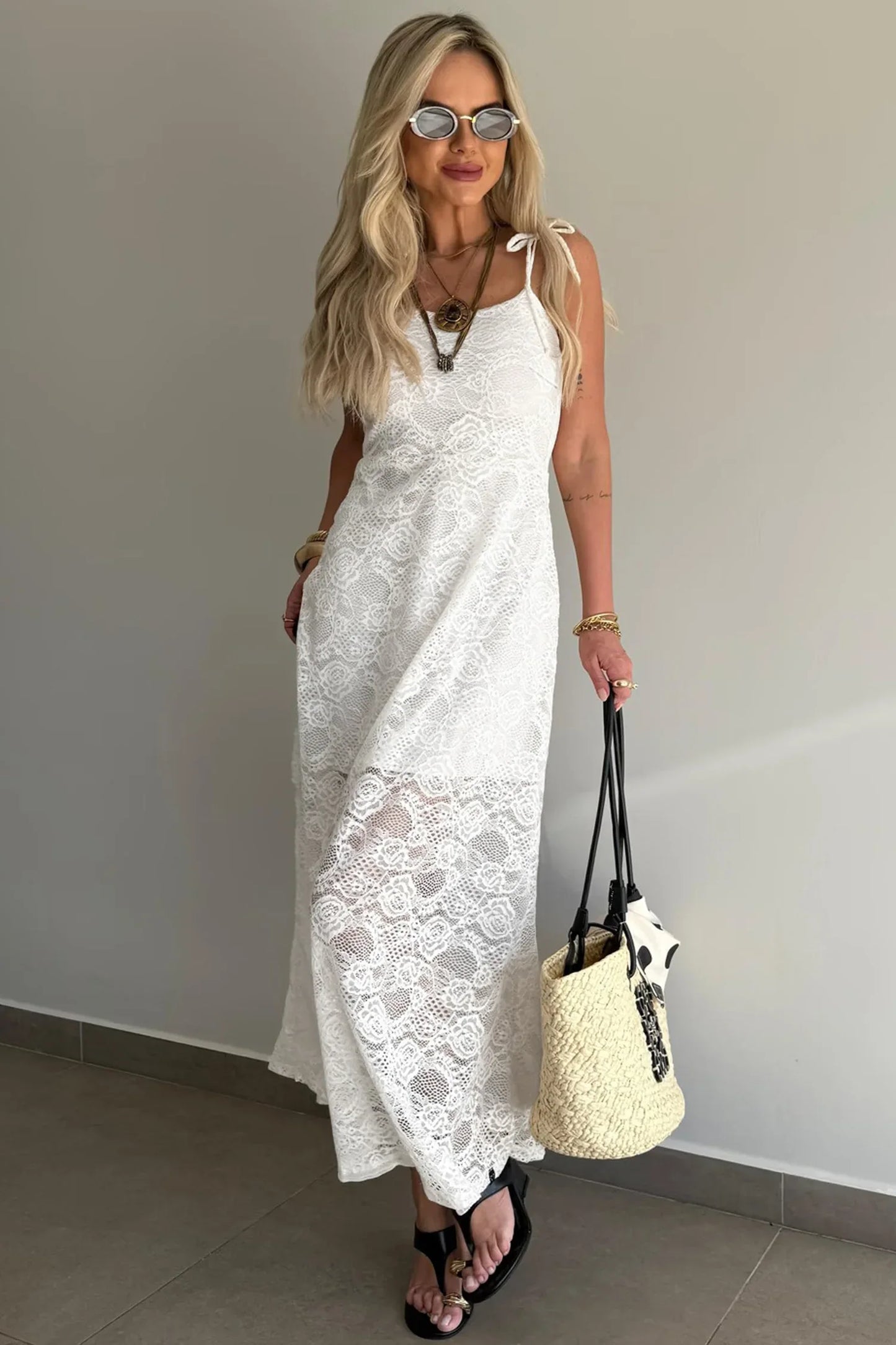 White Tie Spaghetti Straps Floral Lace Overlay Long Dress - MarkoFit