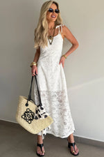 White Tie Spaghetti Straps Floral Lace Overlay Long Dress - MarkoFit