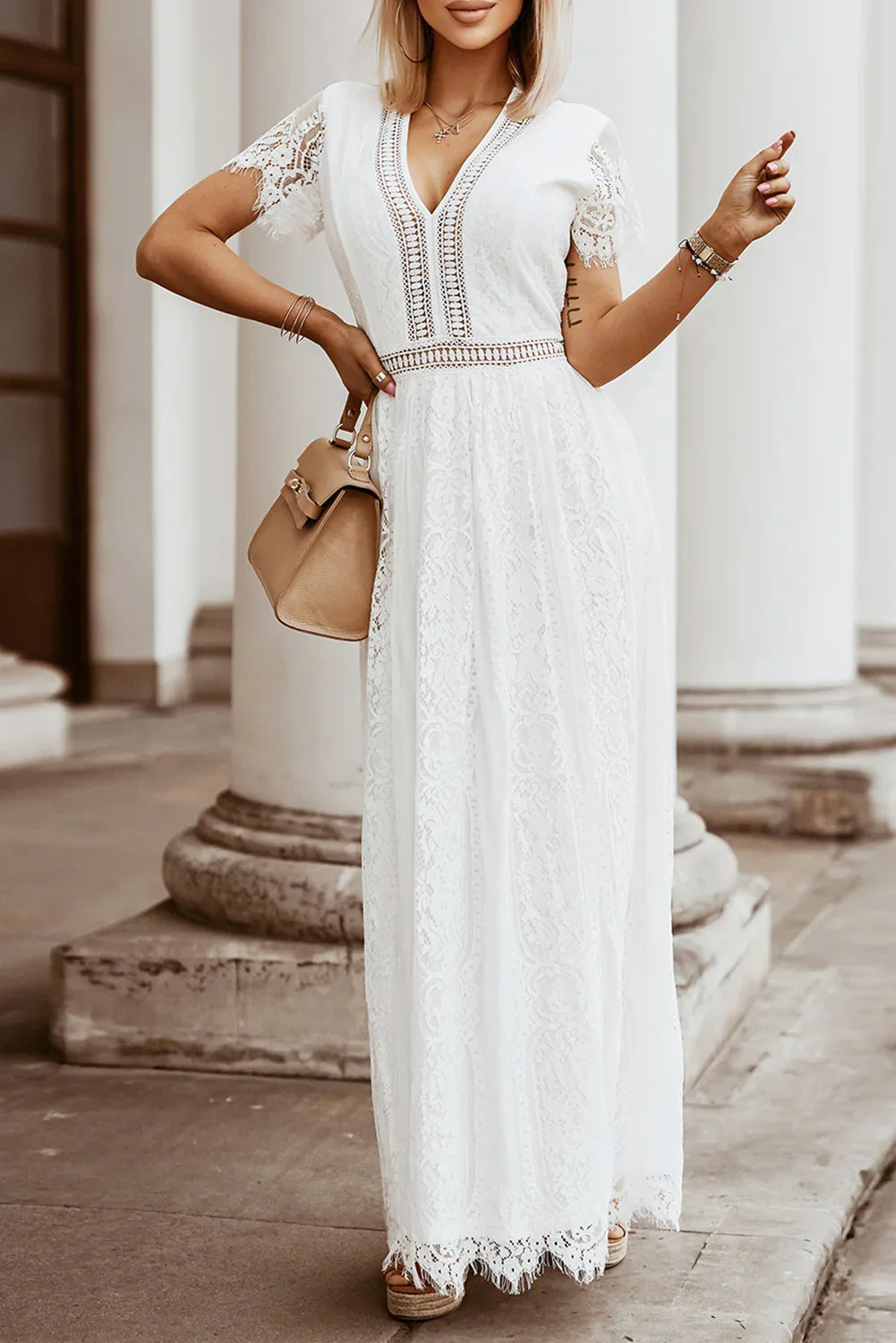 White V Neck High Waist Lace Maxi Dress - MarkoFit