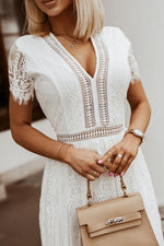 White V Neck High Waist Lace Maxi Dress - MarkoFit