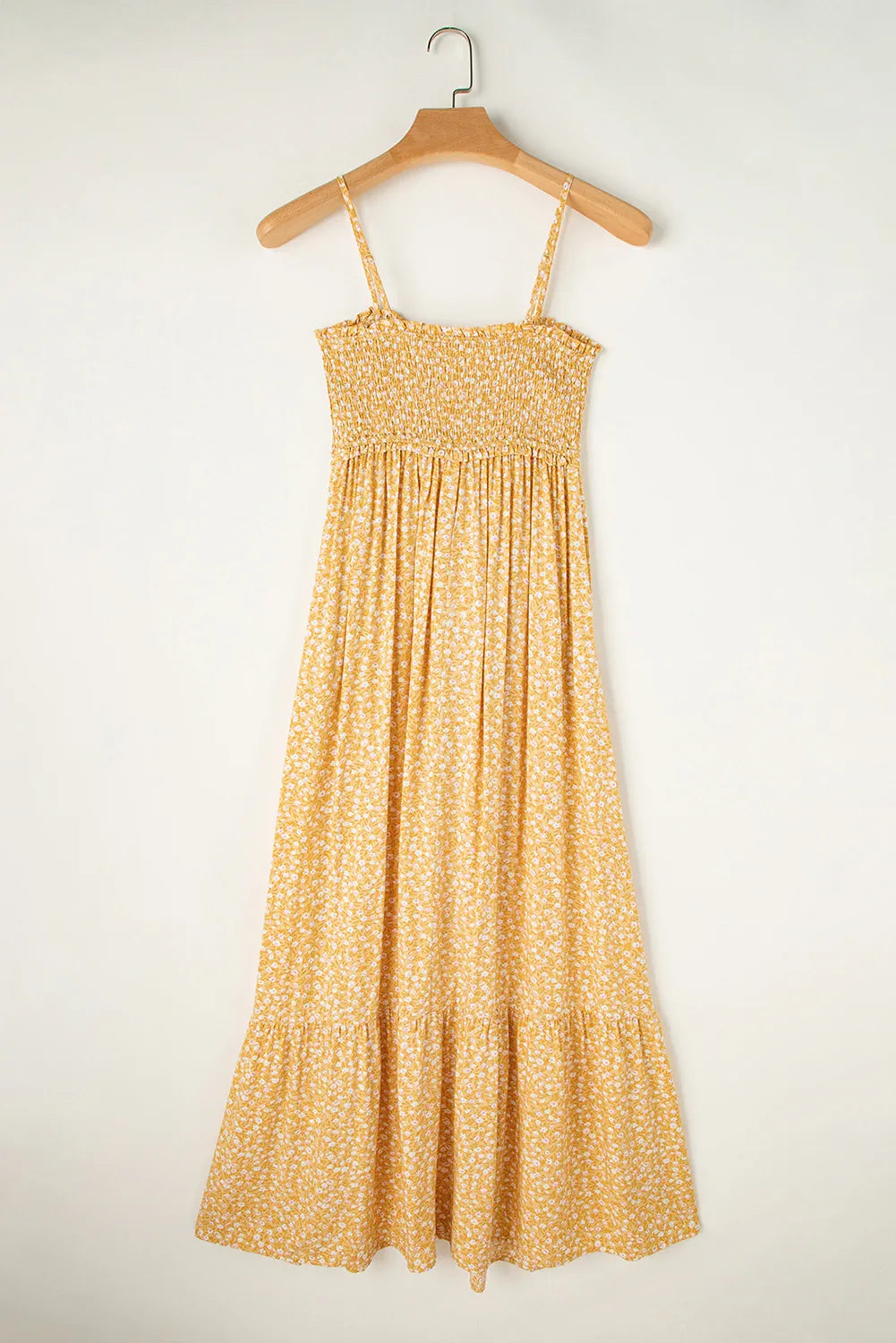 Yellow Frilly Smocked High Waist Floral Maxi Dress - MarkoFit