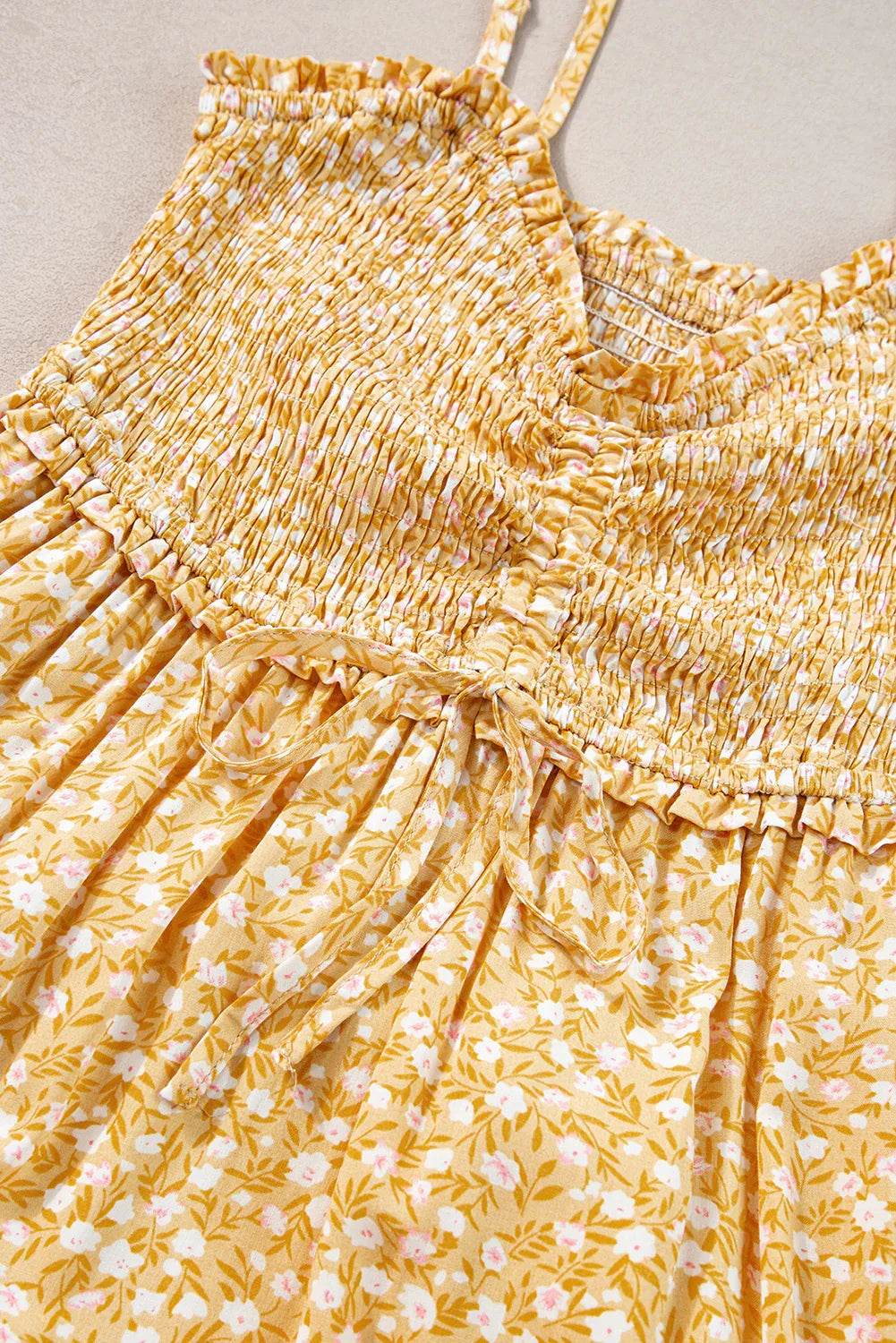 Yellow Frilly Smocked High Waist Floral Maxi Dress - MarkoFit