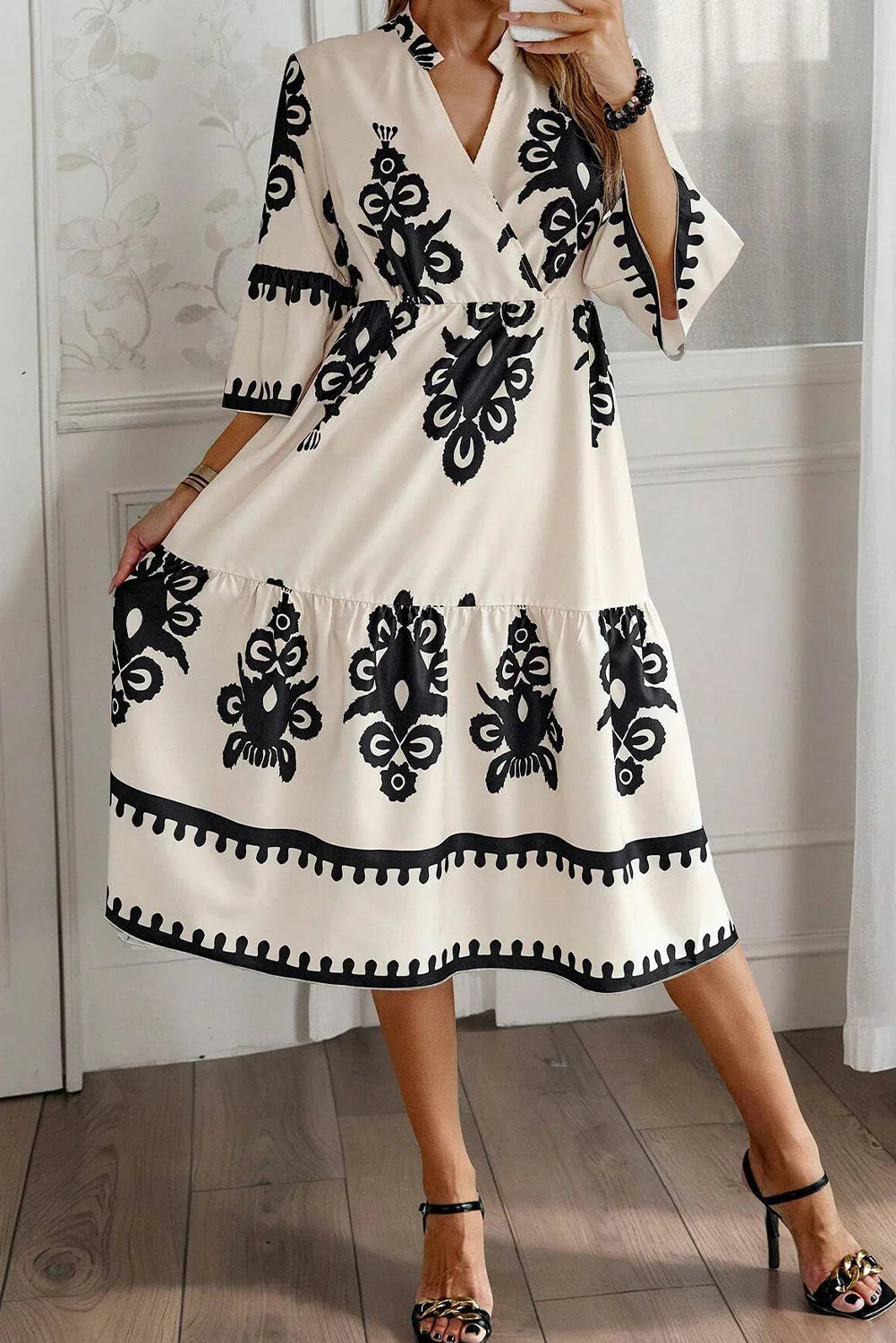 Beige Western Geometric Print 3/4 Sleeve Loose Midi Dress - MarkoFit