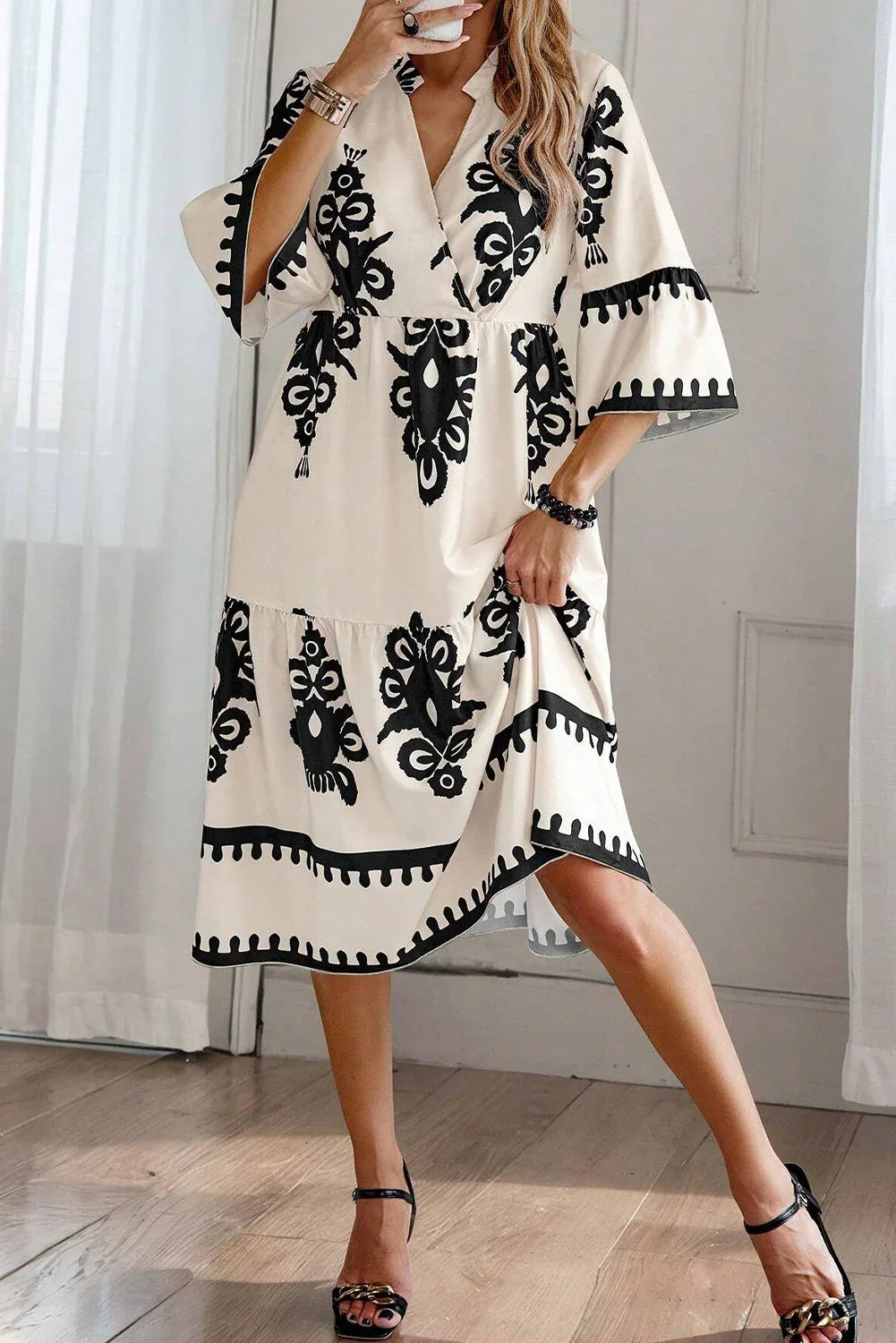Beige Western Geometric Print 3/4 Sleeve Loose Midi Dress - MarkoFit