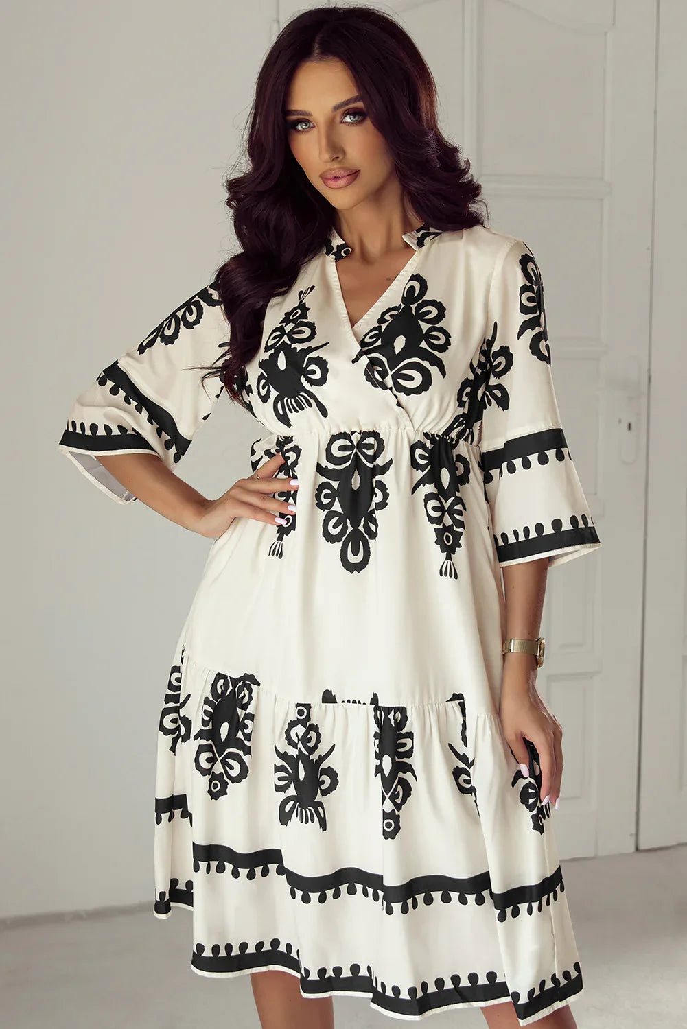 Beige Western Geometric Print 3/4 Sleeve Loose Midi Dress - MarkoFit