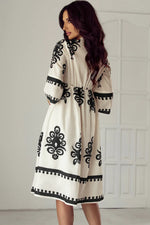 Beige Western Geometric Print 3/4 Sleeve Loose Midi Dress - MarkoFit