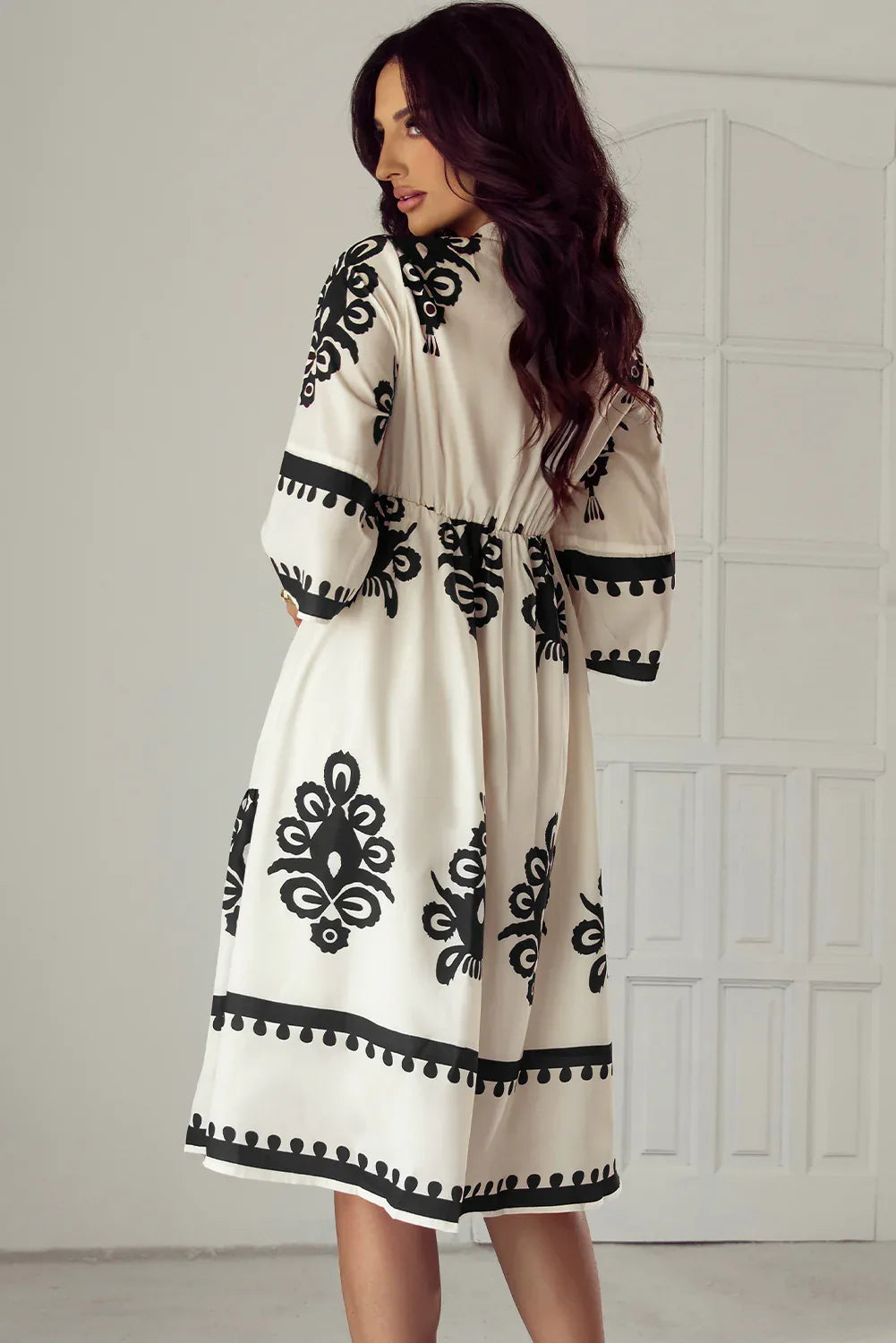 Beige Western Geometric Print 3/4 Sleeve Loose Midi Dress - MarkoFit