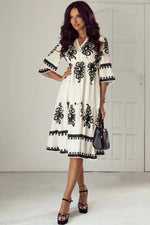 Beige Western Geometric Print 3/4 Sleeve Loose Midi Dress - MarkoFit