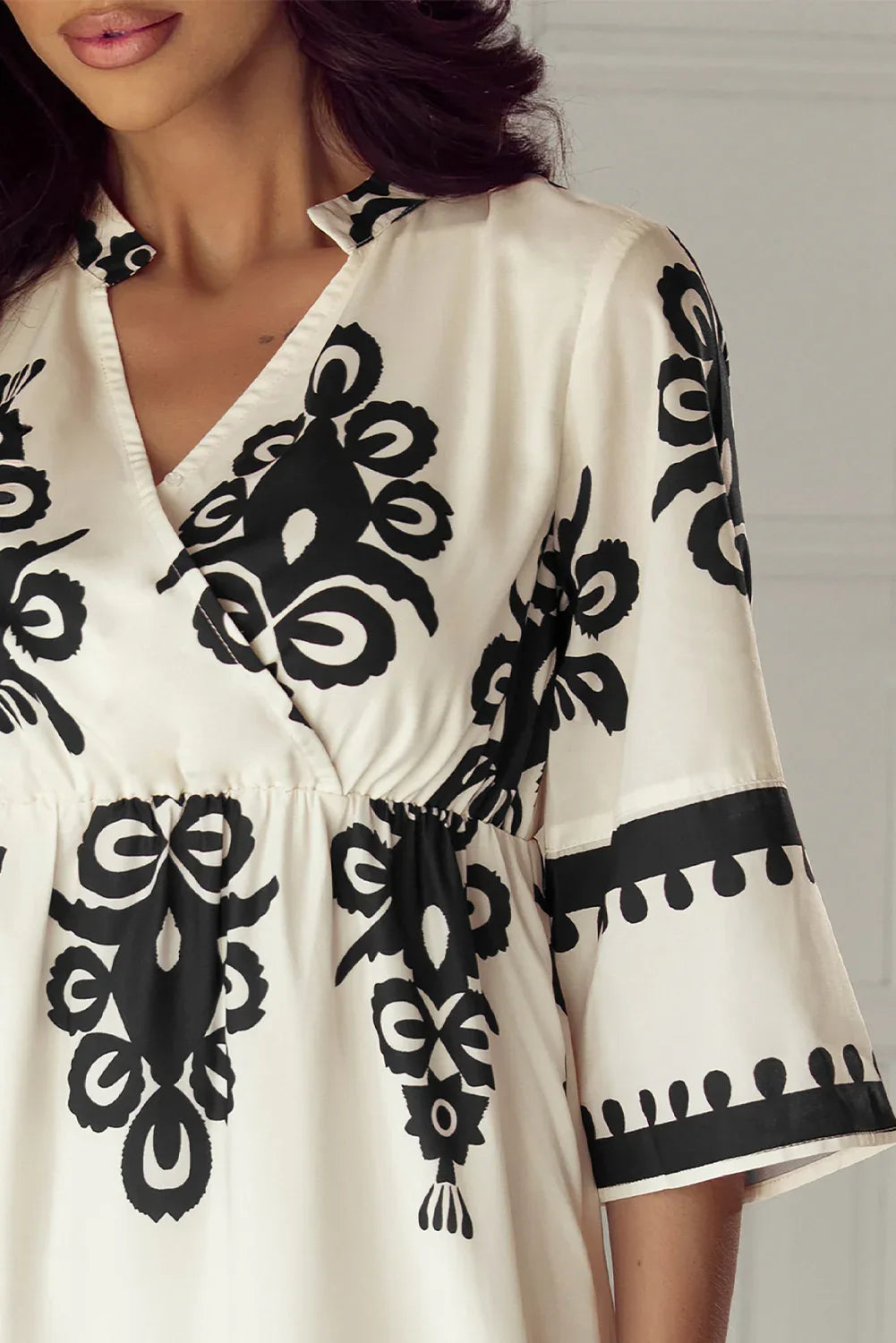 Beige Western Geometric Print 3/4 Sleeve Loose Midi Dress - MarkoFit